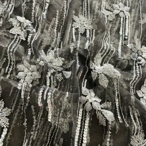 Premium Grey Pearl Stripes Floral Heavy Sequins Embroidery Net Fabric