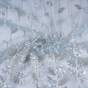 Premium Light Turquoise Floral Pearl CutDana Embroidery Net Fabric