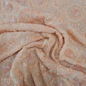 Premium Orange Floral CutDana Thread Embroidery Georgette Fabric