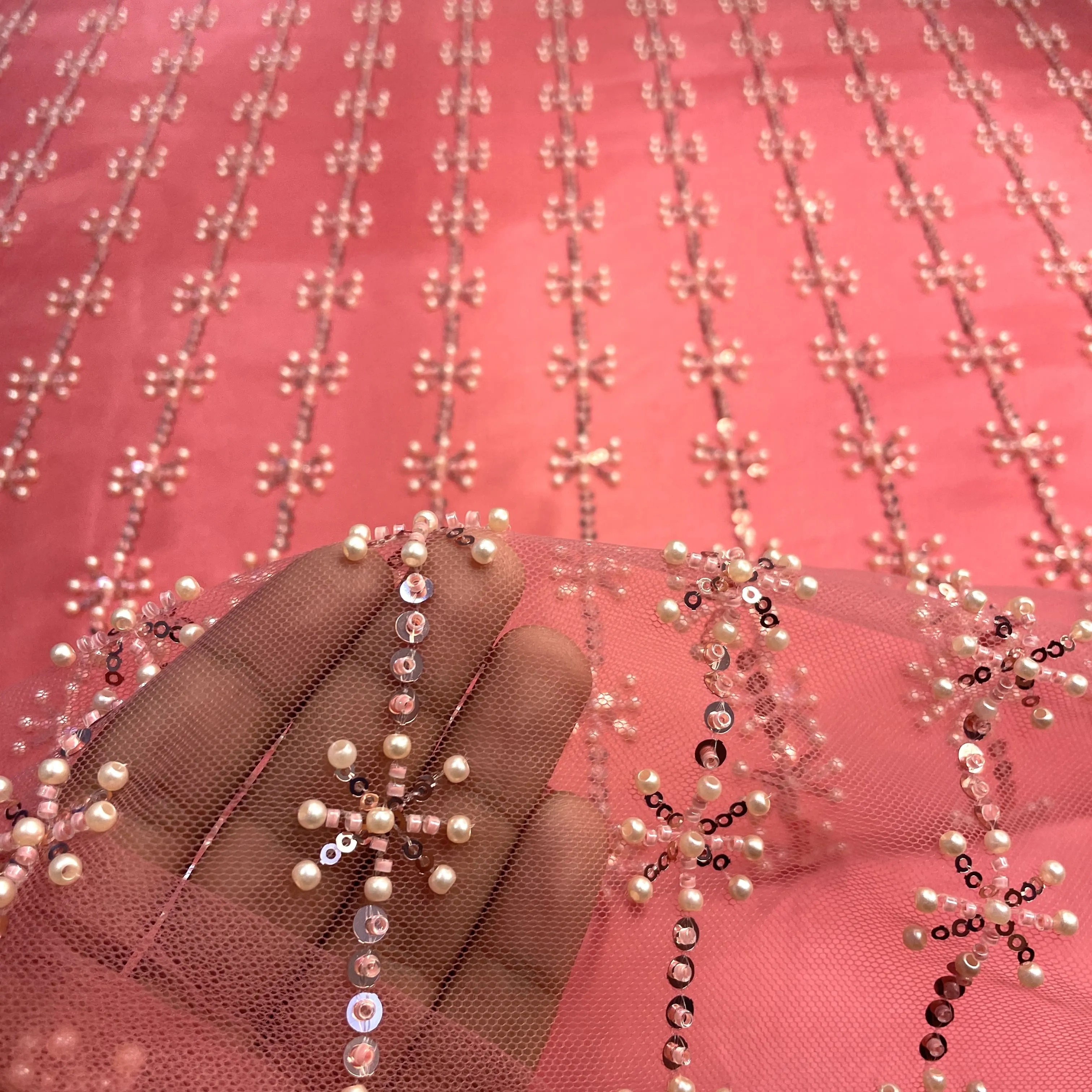 Premium Pink Pearl CutDana Embroidery Net Fabric