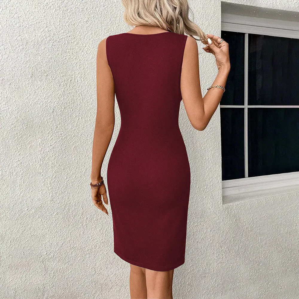 Premium Women's Round Neck Slim-fit Sleeveless Dress - Elegant High-Waist A-line Design