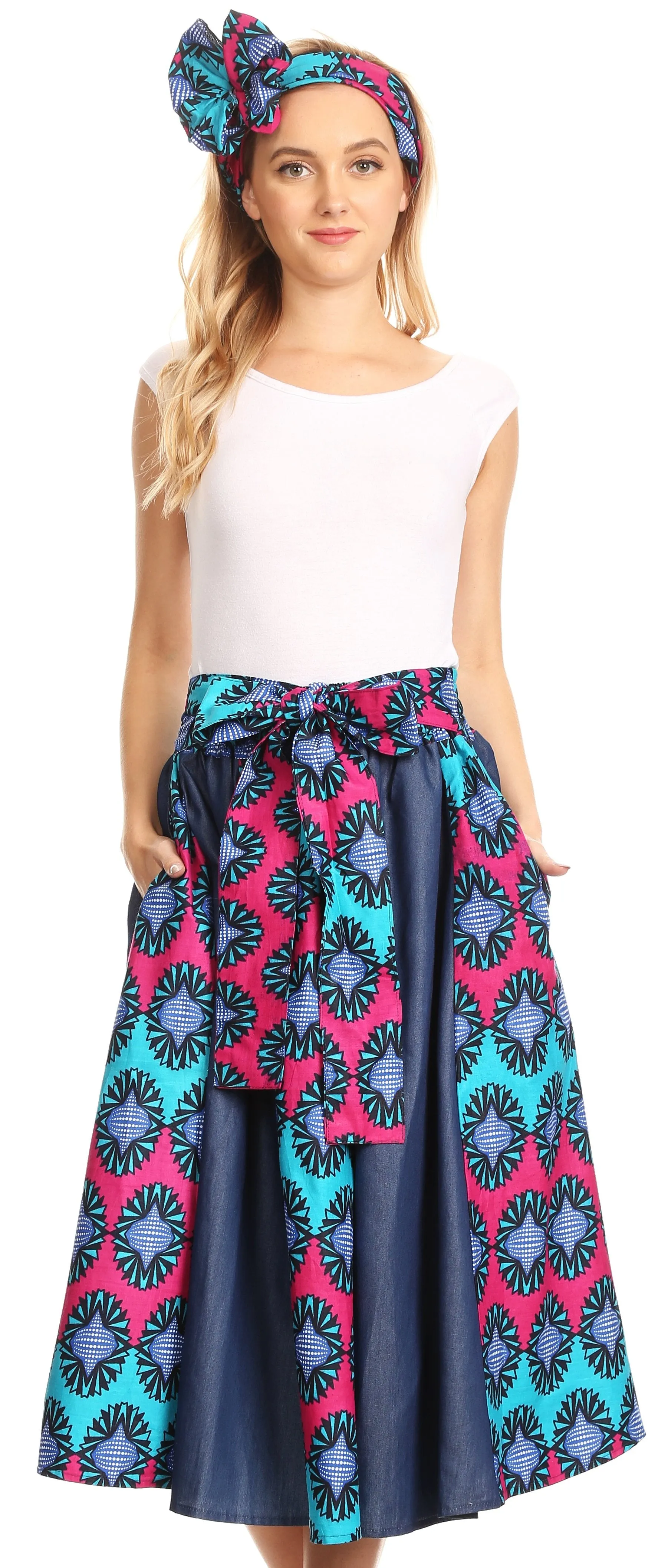 Sakkas Dayo Circle Mid Skirt with Elastic Waist Colorful Ankara African Wax Dutch