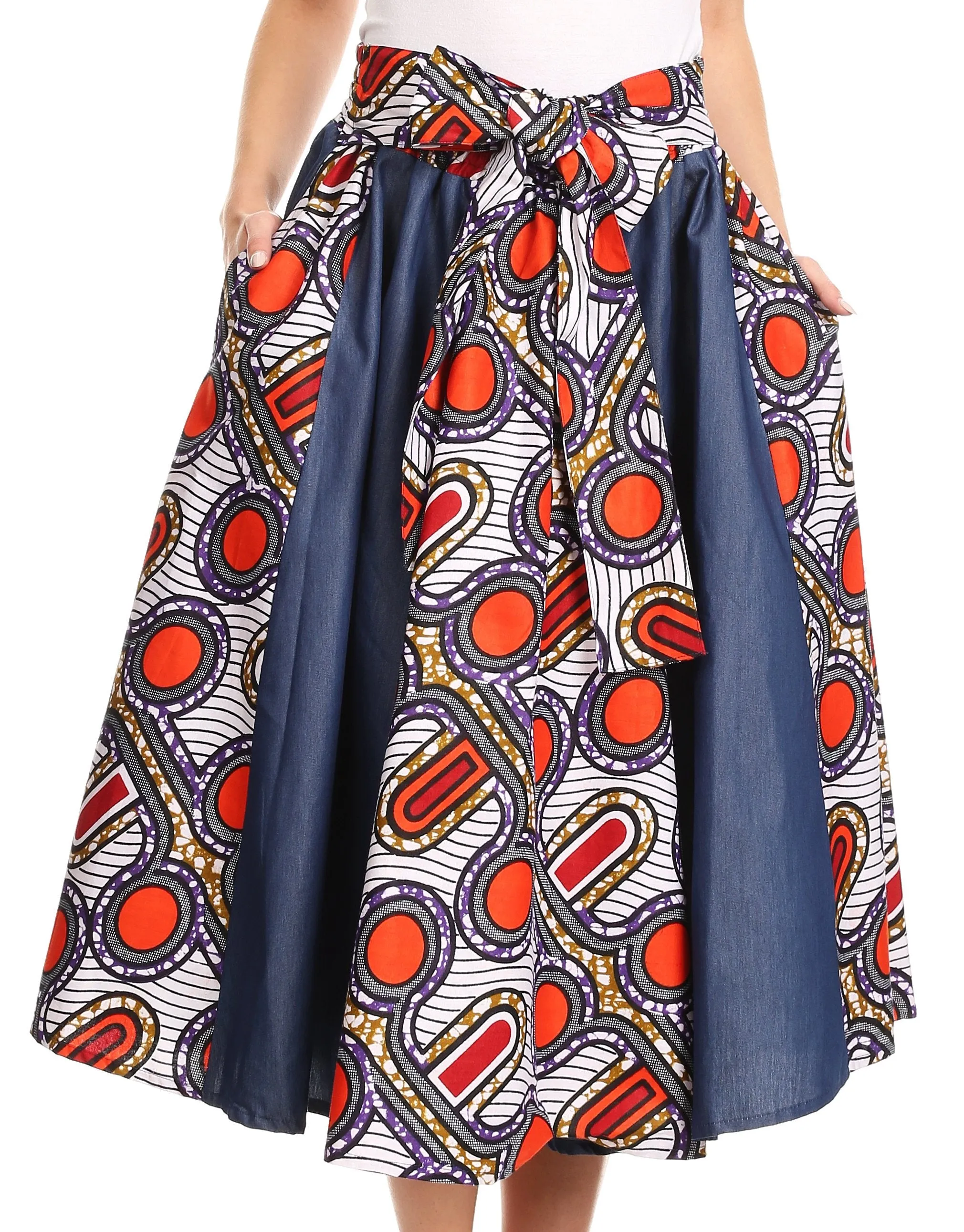 Sakkas Dayo Circle Mid Skirt with Elastic Waist Colorful Ankara African Wax Dutch