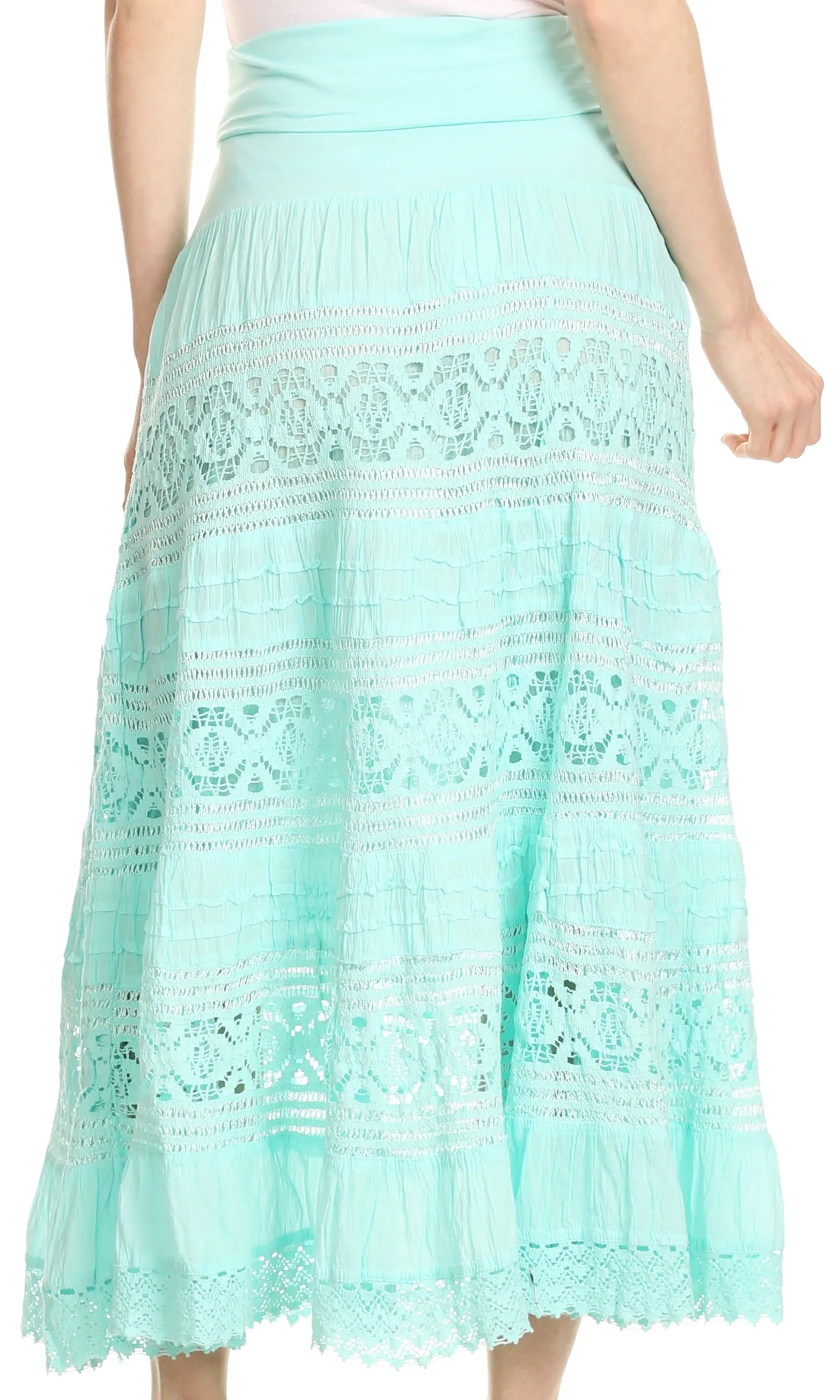 Sakkas Gracie Crochet Lace Tiered Long Cotton Skirt with Fold-Over Waistband