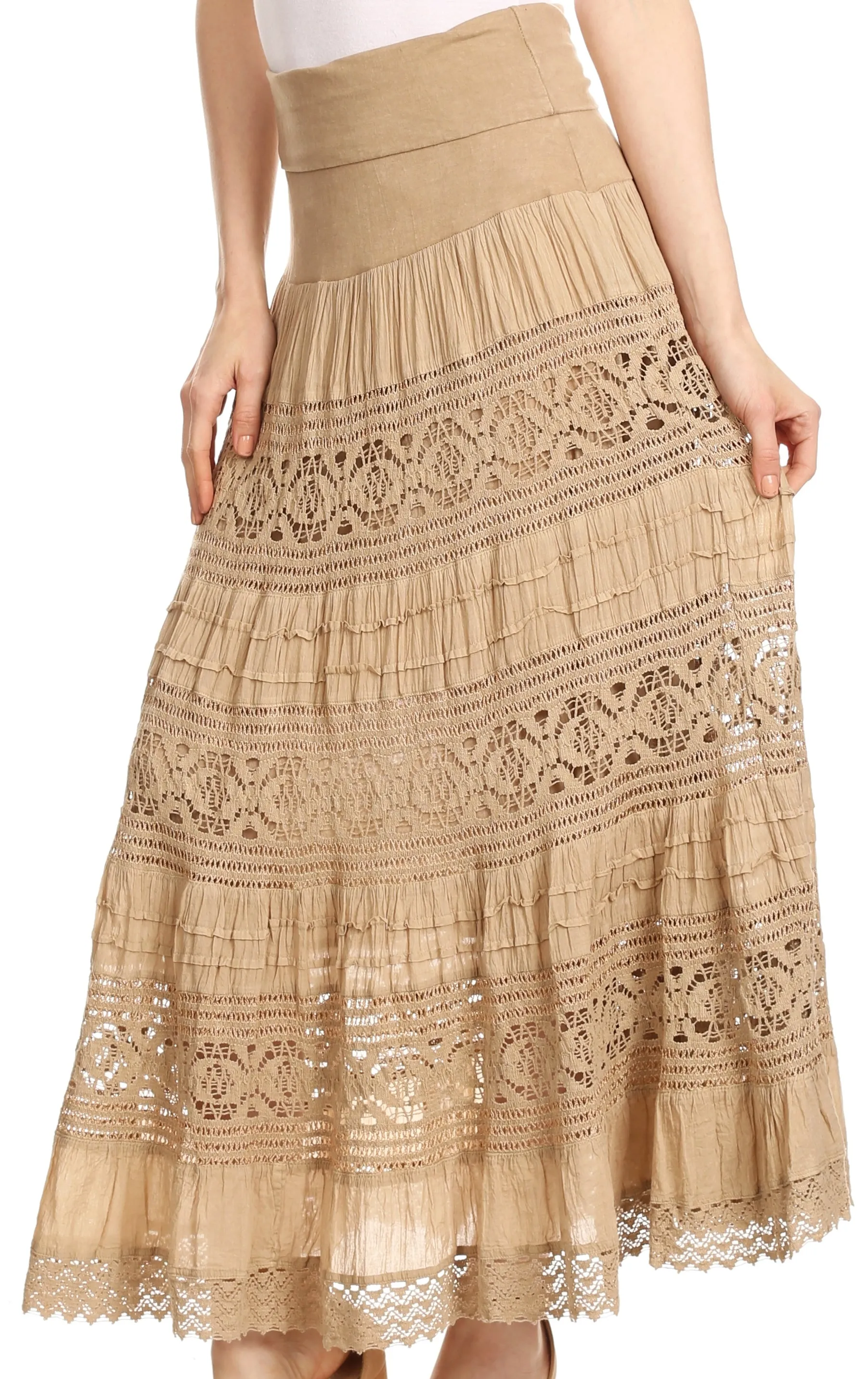 Sakkas Gracie Crochet Lace Tiered Long Cotton Skirt with Fold-Over Waistband