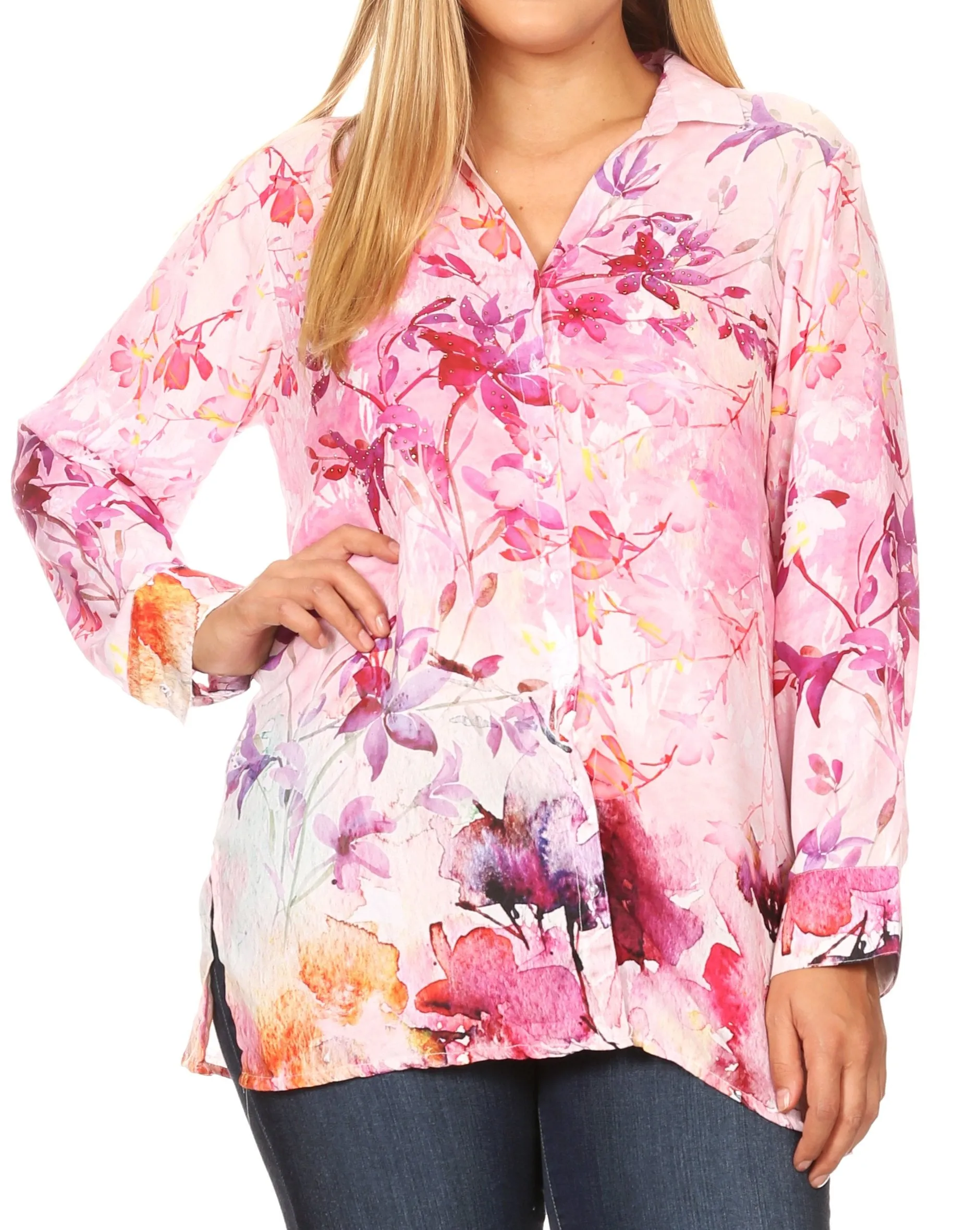 Sakkas Issa Women's Long Sleeve Floral Print Casual Button Down Shirt Blouse Top