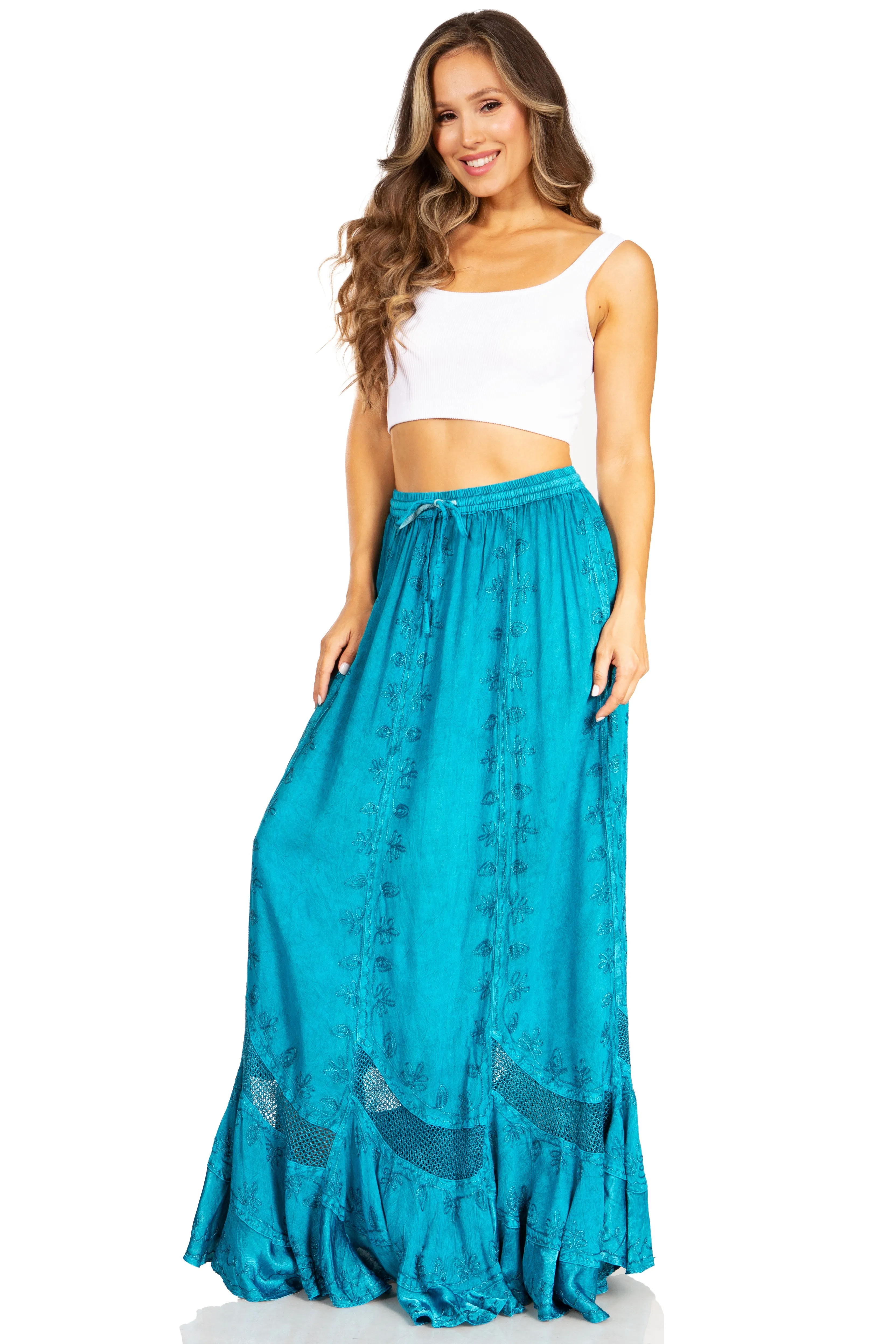 Sakkas Ivy Second Women's Maxi Boho Elastic Waist Embroidered A Line Long Skirt