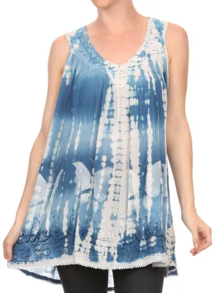 Sakkas Kalelay Long Tall Sleeveless Tie Dye Embroidered Tank Top Blouse Shirt