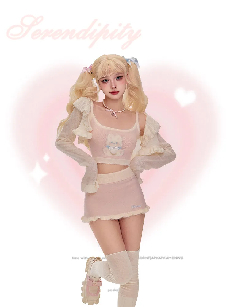 Serendipity Coquette White Ruffled Cardigan & Knit Pink Rabbit Camisole & Mini Skirt Three Piece Set