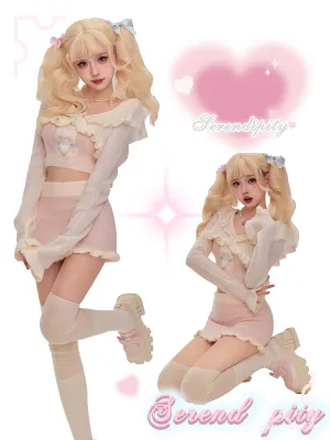 Serendipity Coquette White Ruffled Cardigan & Knit Pink Rabbit Camisole & Mini Skirt Three Piece Set