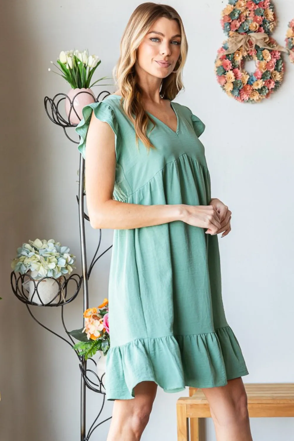 Short Sleeve V Neck Ruffled Hem Dress