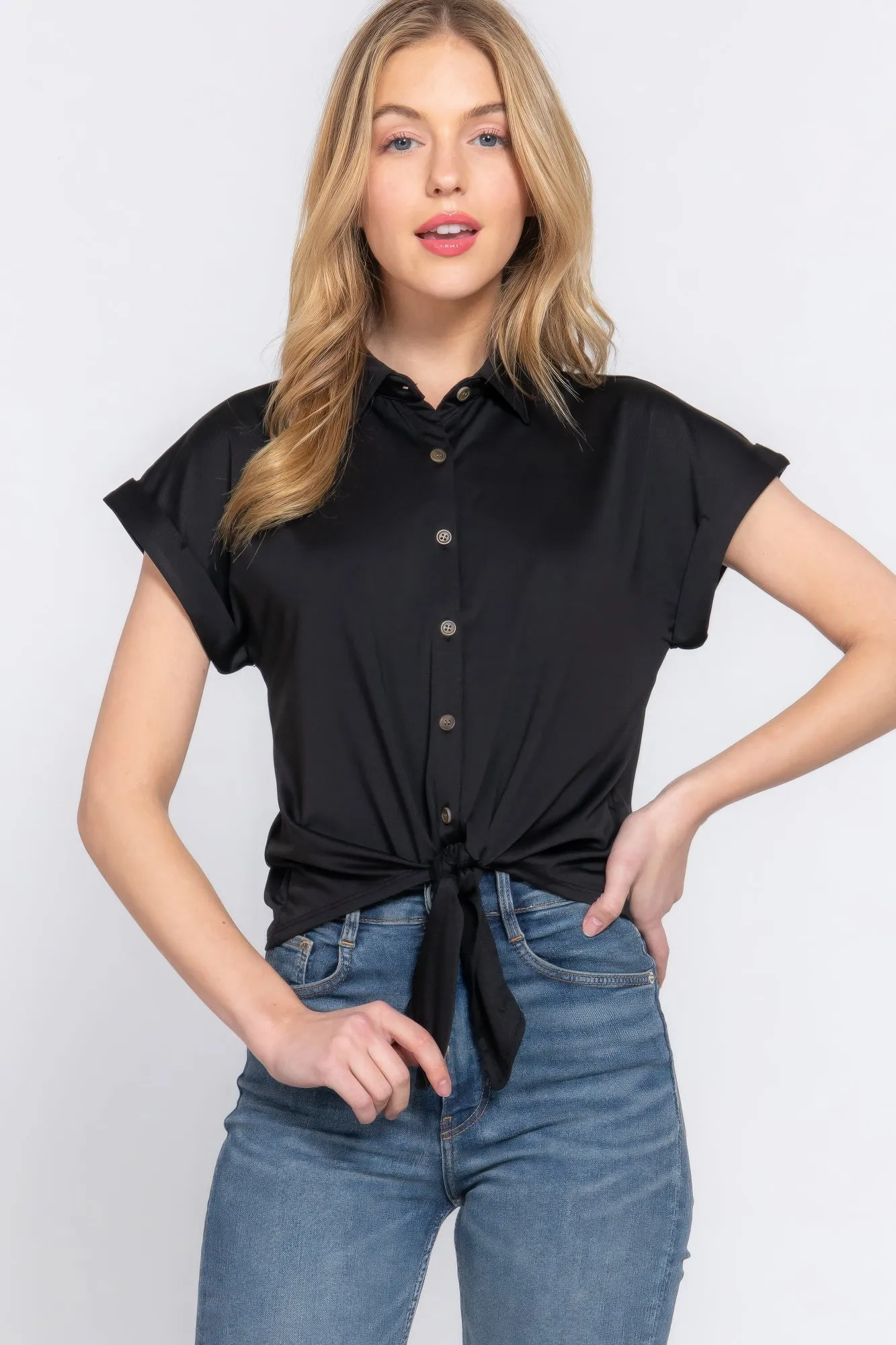 Short Slv Front Tie Stretch Ity Top