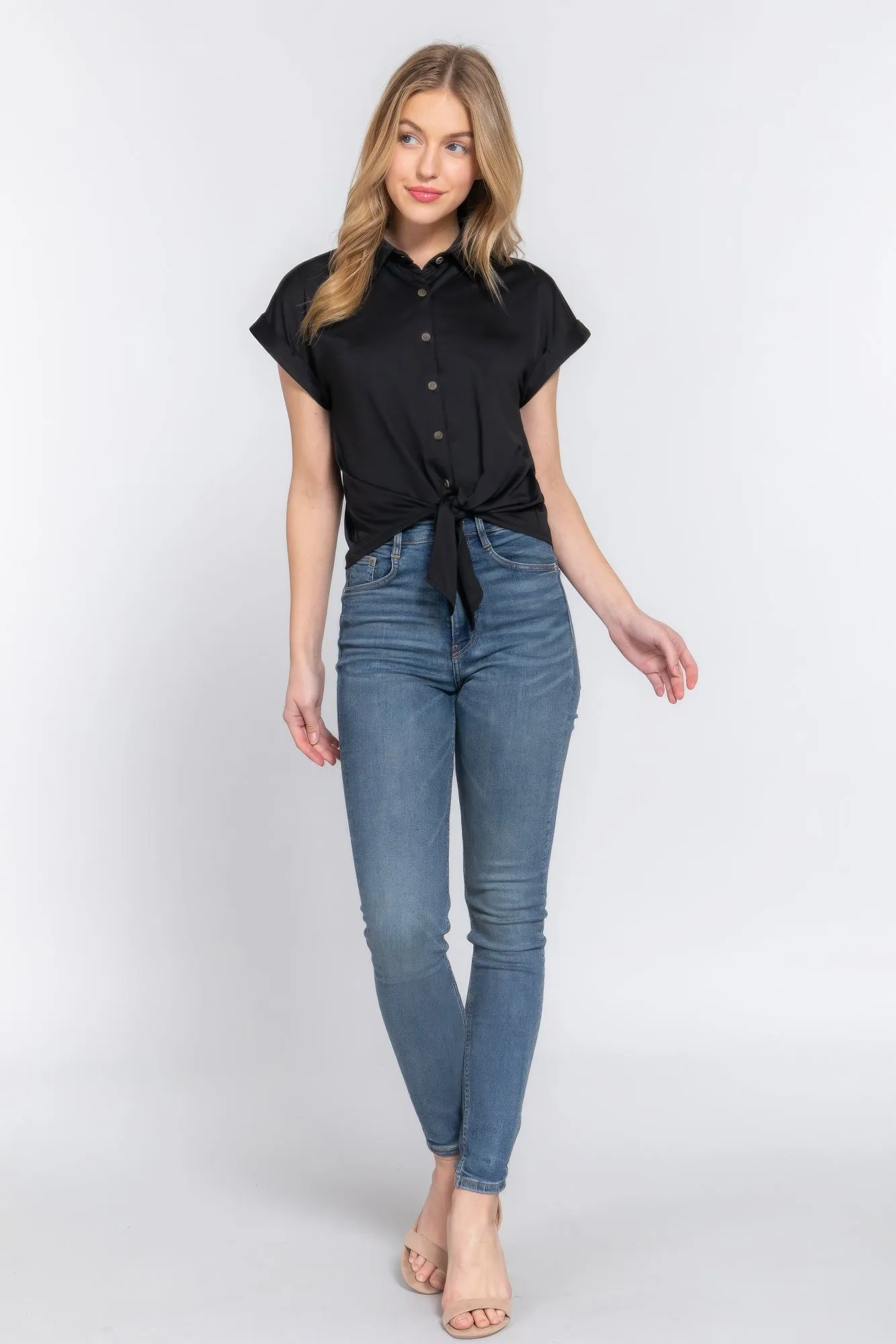 Short Slv Front Tie Stretch Ity Top