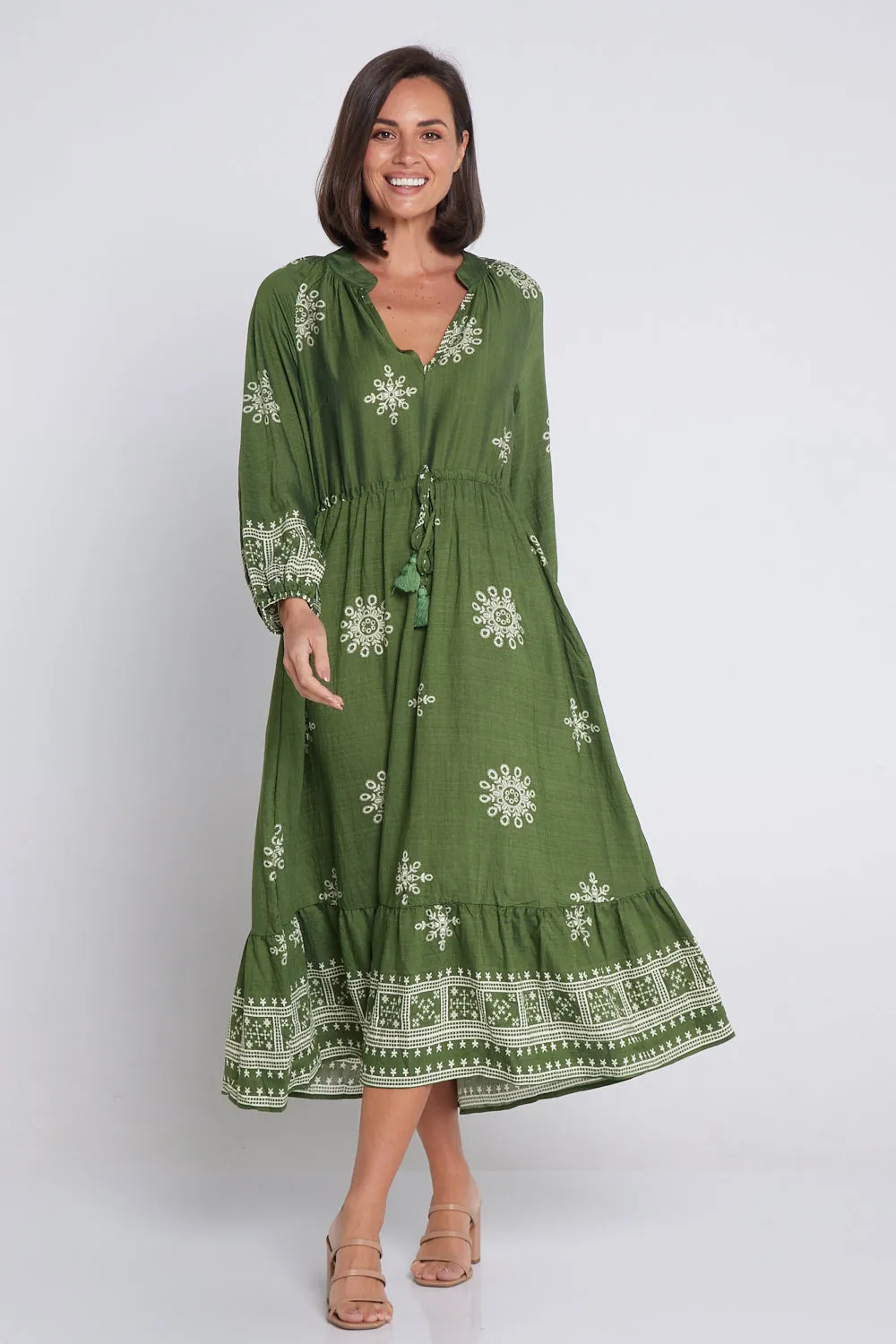 Solstice Midi Dress - Olive/Ivory Lace Print