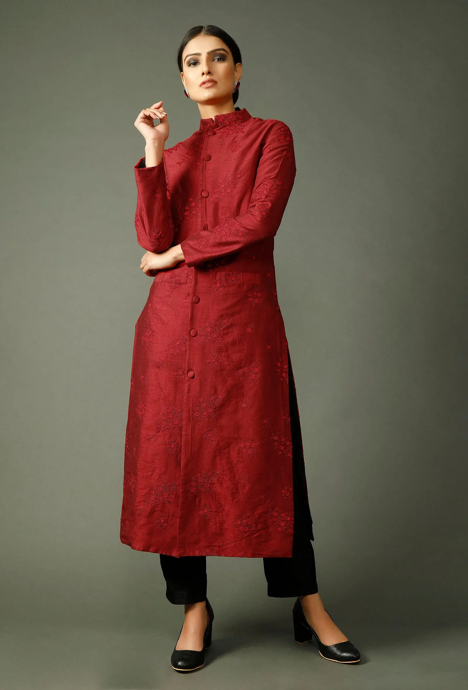 Thread Embroidered Maroon Raw Silk Jacket