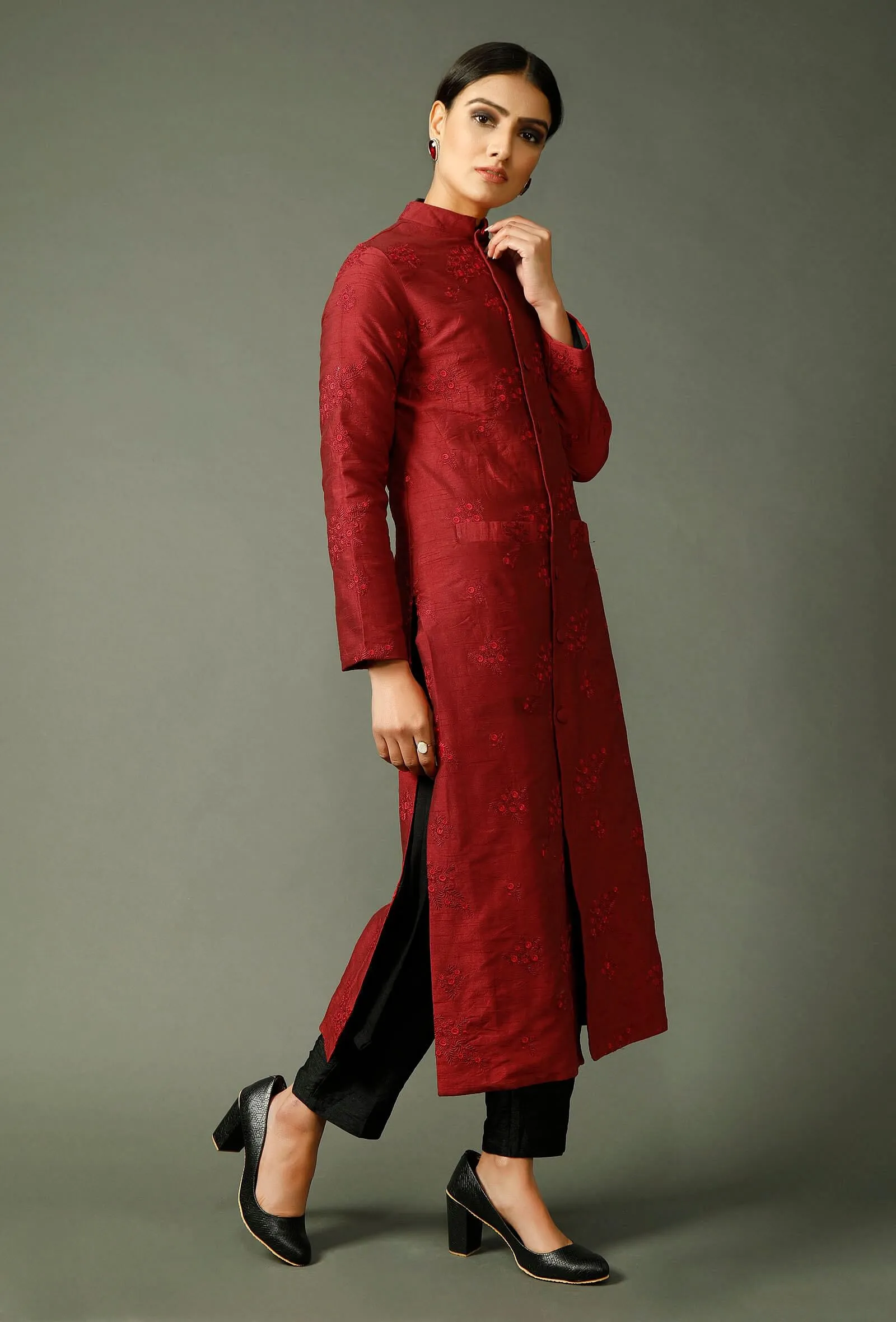 Thread Embroidered Maroon Raw Silk Jacket