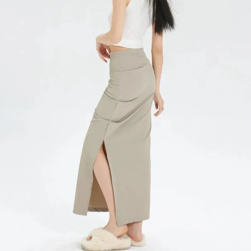 Vintage Korean Casual Skirt with Elegant Slit Pleated Design