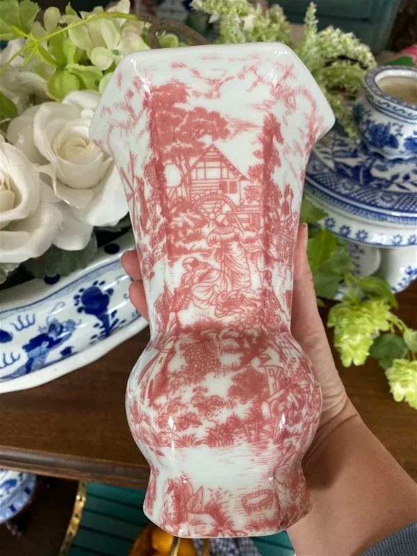 Vintage Pink and White Scenic Vase