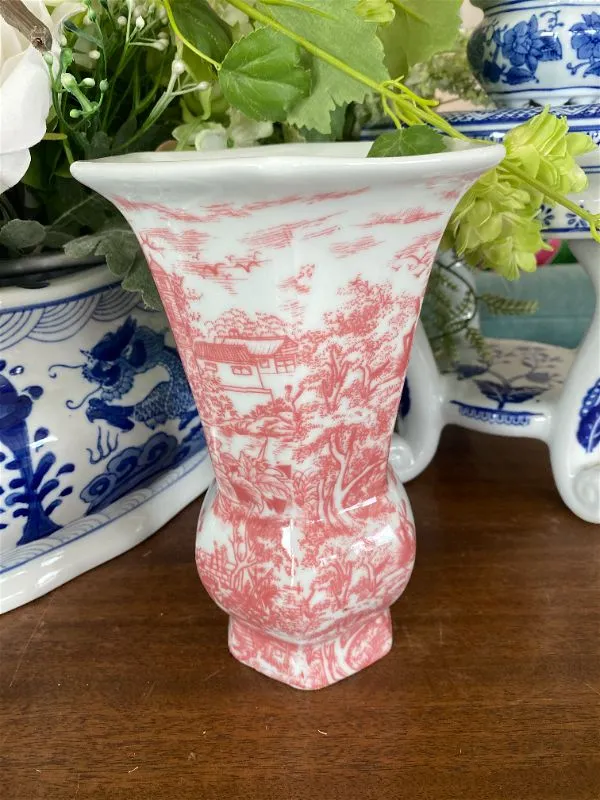 Vintage Pink and White Scenic Vase