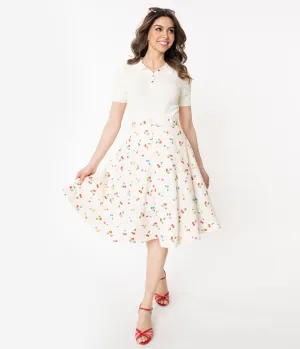 Voodoo Vixen Cream & Multicolor Cherry Print Charlie Swing Skirt