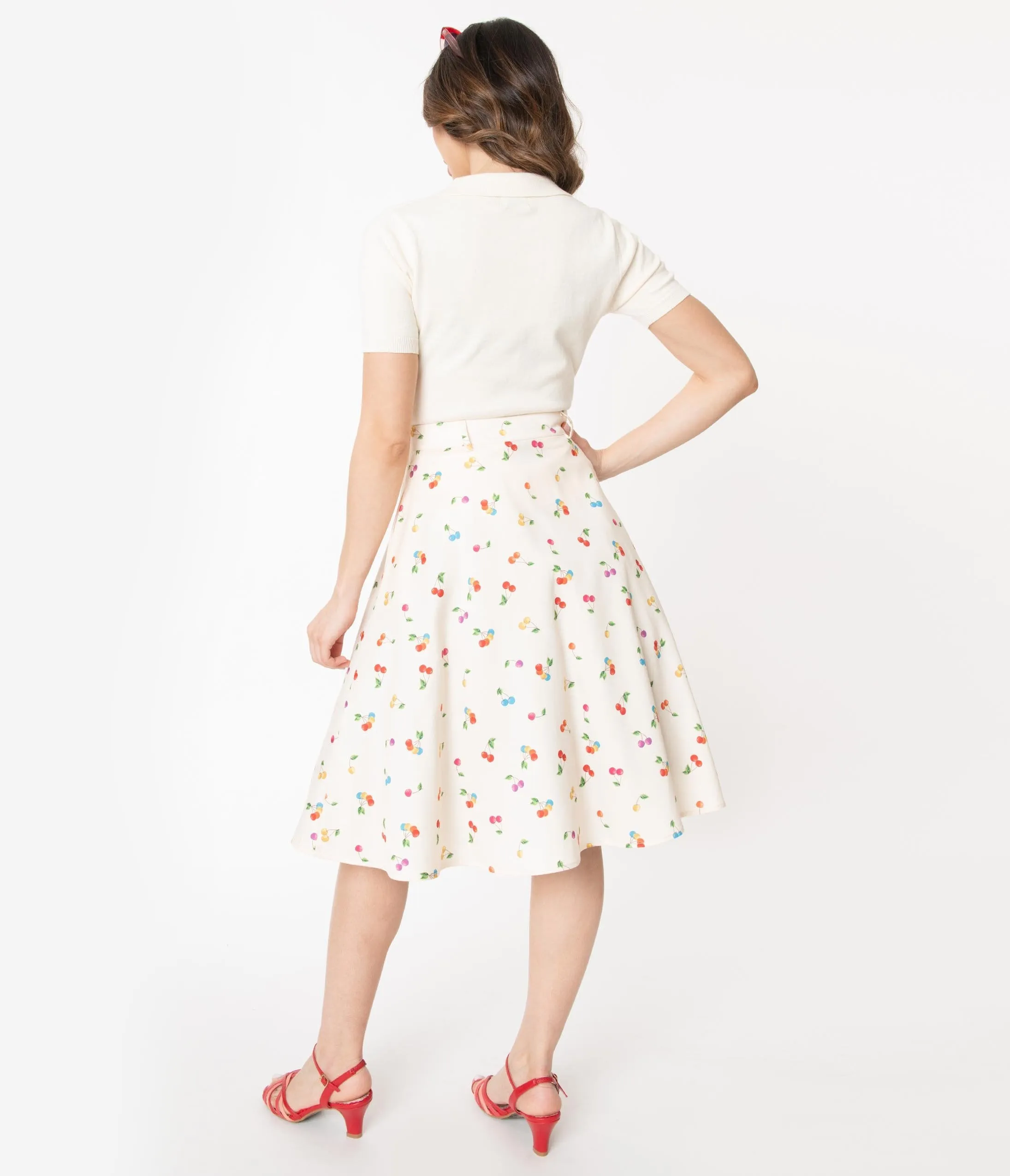 Voodoo Vixen Cream & Multicolor Cherry Print Charlie Swing Skirt