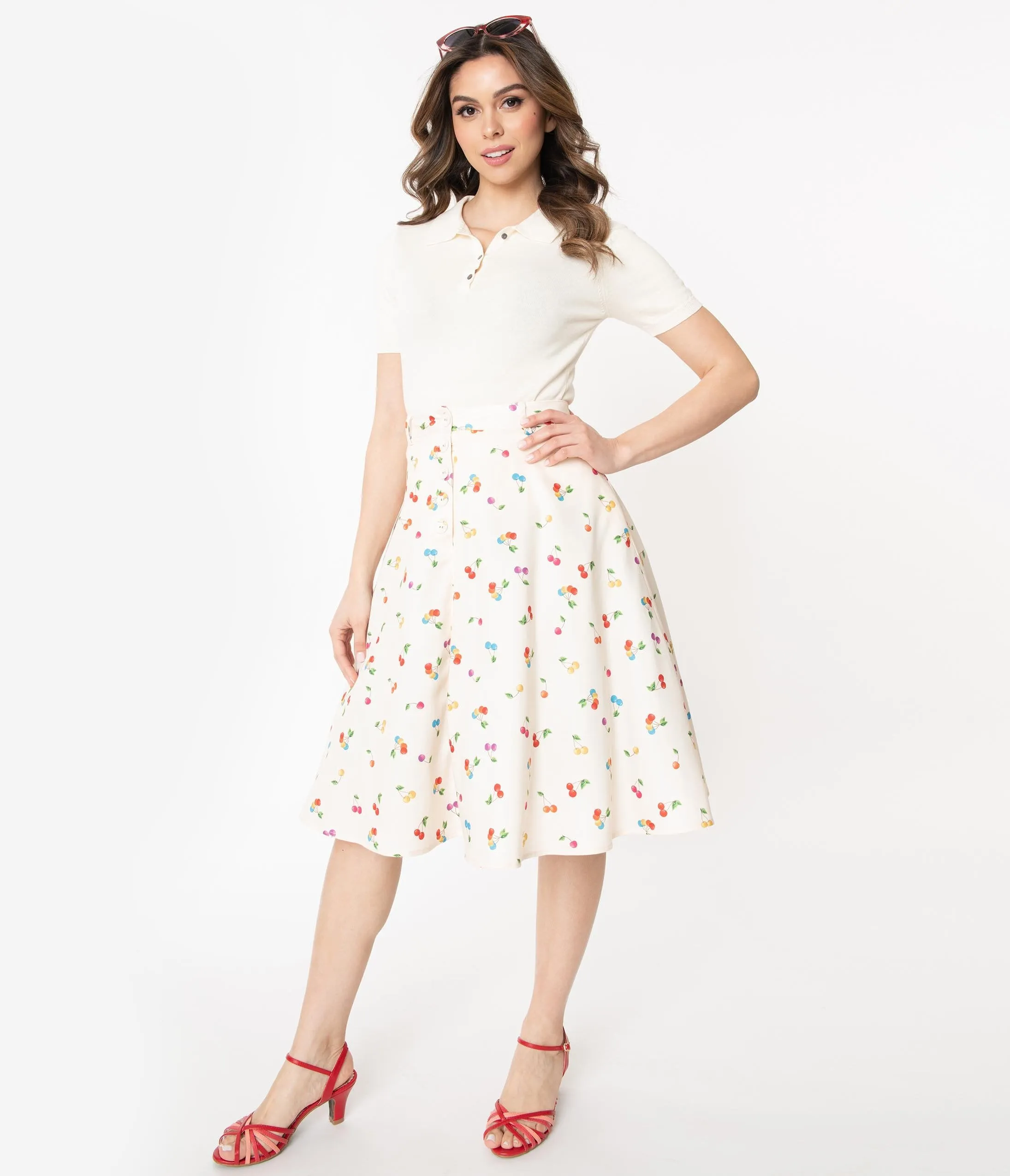 Voodoo Vixen Cream & Multicolor Cherry Print Charlie Swing Skirt