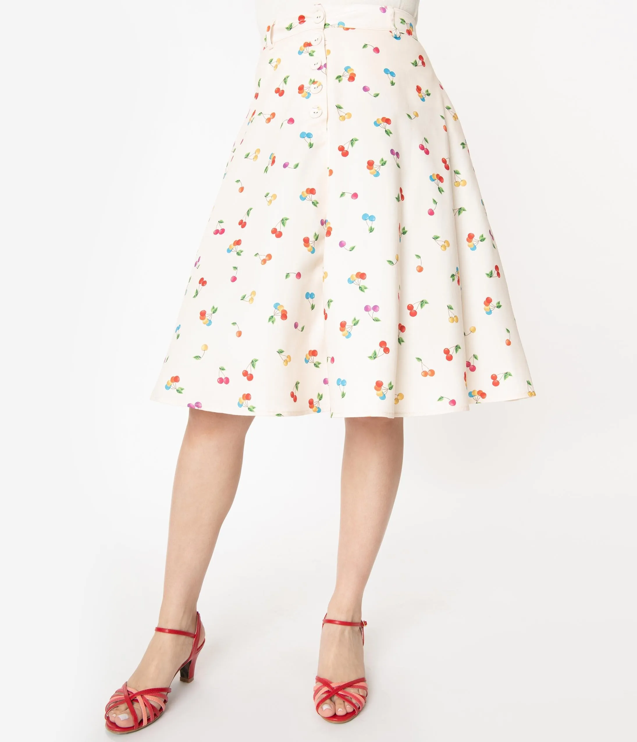 Voodoo Vixen Cream & Multicolor Cherry Print Charlie Swing Skirt